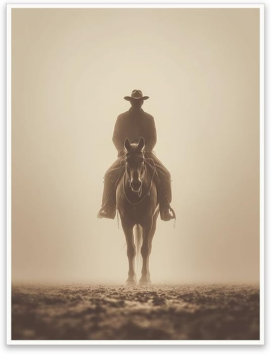 Minimalist Cowboy on Horse Wall Art Canvas Print, Western Rider Silhouette in Fog Poster, Neutral... | Amazon (US)