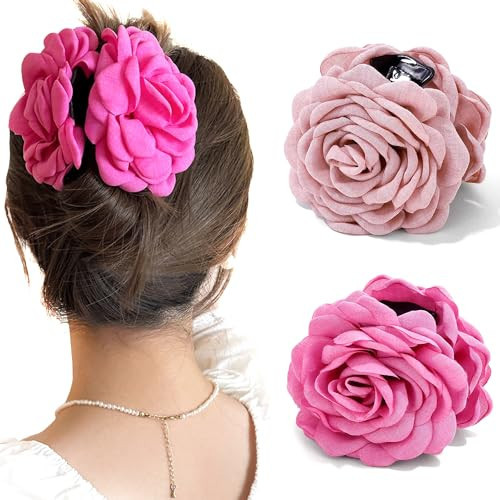 JANFUN Rose Flower Clips for Women, 2 Pack Large Rose Hair Claw Clips, Floral Hair Clips for Women Girls Thick Hair, Non Slip Strong Hold, 2 Colors | Amazon (US)