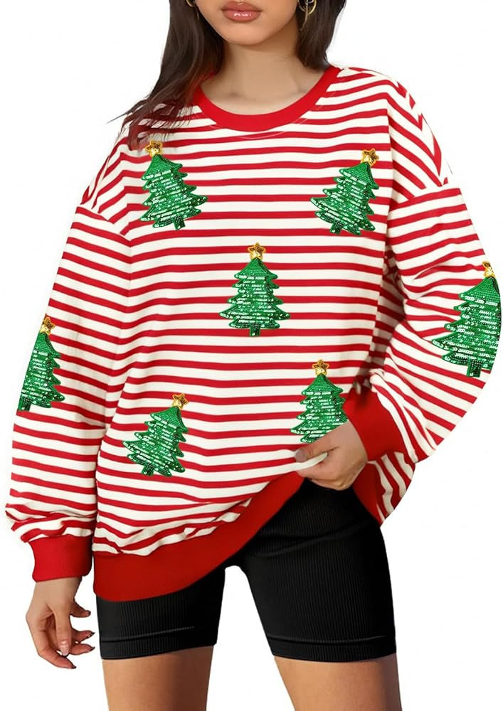 LUKYCILD Christmas Sweatshirts Women Sequin Christmas Shirts Sparkly Xmas Graphic Long Sleeve Cre... | Amazon (US)