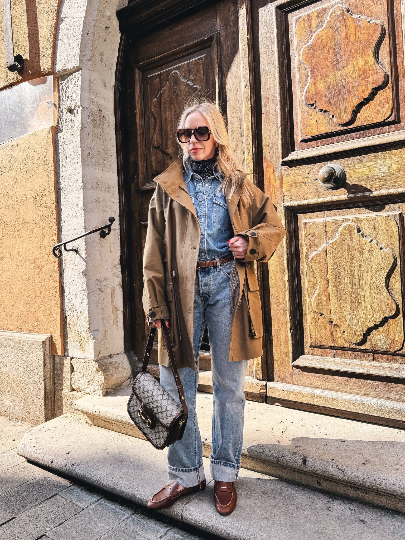 Spring look with @Zara utility jacket, denim shirt, @Levi's 90’s baggy cuffed jeans, @Zara leather loafers, denim on denim outfit, Gucci bag 

#LTKOver40 #LTKSeasonal #LTKTravel