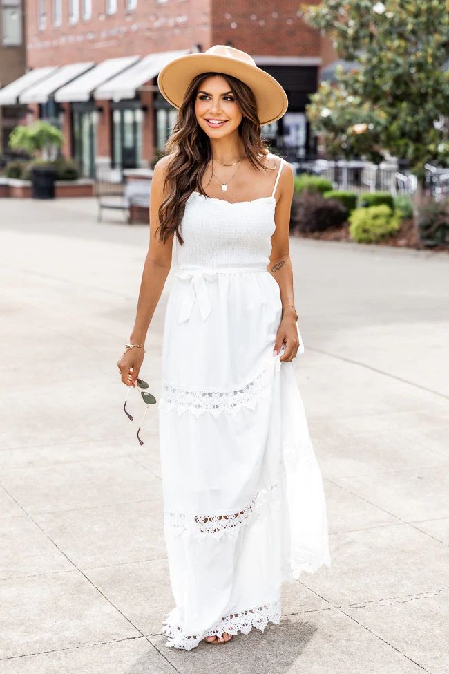 A Daily Reminder Smocked Lace White Maxi Dress | Pink Lily