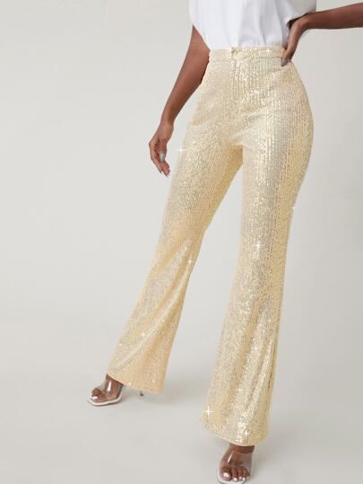 SHEIN Zipper Fly Sequin Flare Leg Pants | SHEIN