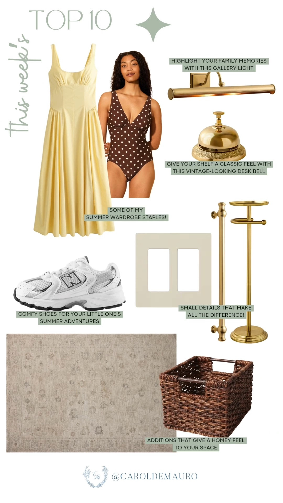 top 10, weekly bestsellers, summer dresses, polka dot swimsuit, gallery light, gold decor, vintage decor, woven basket, neutral rug, socket covers, new balance, toddler sneakers, bestsellers, follower favorites

#LTKootd #LTKHome #LTKKids