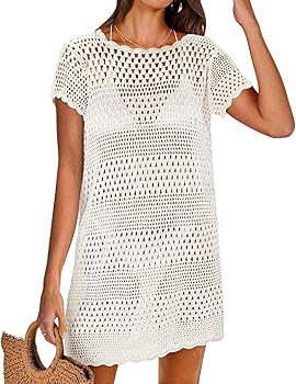 Women's Swimsuit Coverups Crochet Crewneck Hollow Out Dress Short Sleeve Beach Dress Pullover Bat... | Amazon (US)