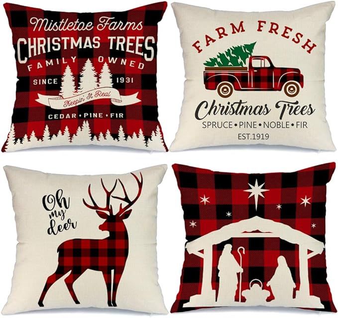 AENEY Buffalo Plaid Christmas Pillow Covers 18x18 Set of 4 Christmas Pillows Xmas Winter Holiday ... | Amazon (US)