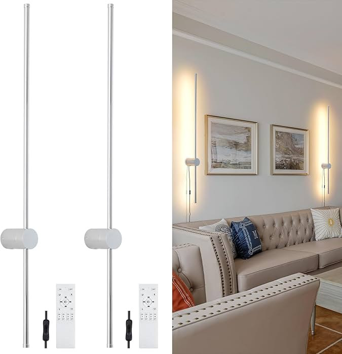 Dimmable Plug in Wall Sconce Set of 2, Chrome 39.37" LED Wall Light with Remote, Adjustable Color... | Amazon (US)