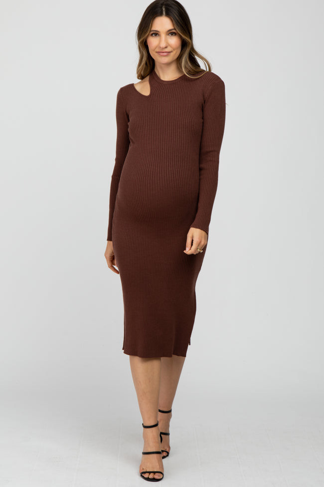 Brown Ribbed Cutout Maternity Fitted Dress | PinkBlush Maternity