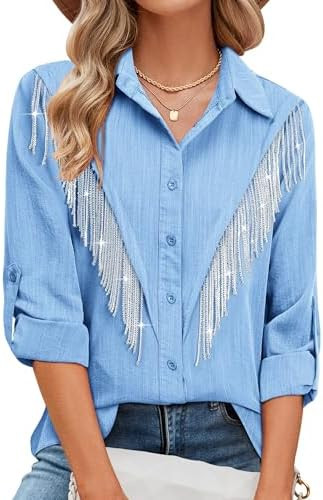 MYMORE Womens Sparkly Fringe Button Down Shirt Rolled 3/4 Sleeve Top Country Concert Nashville We... | Amazon (US)