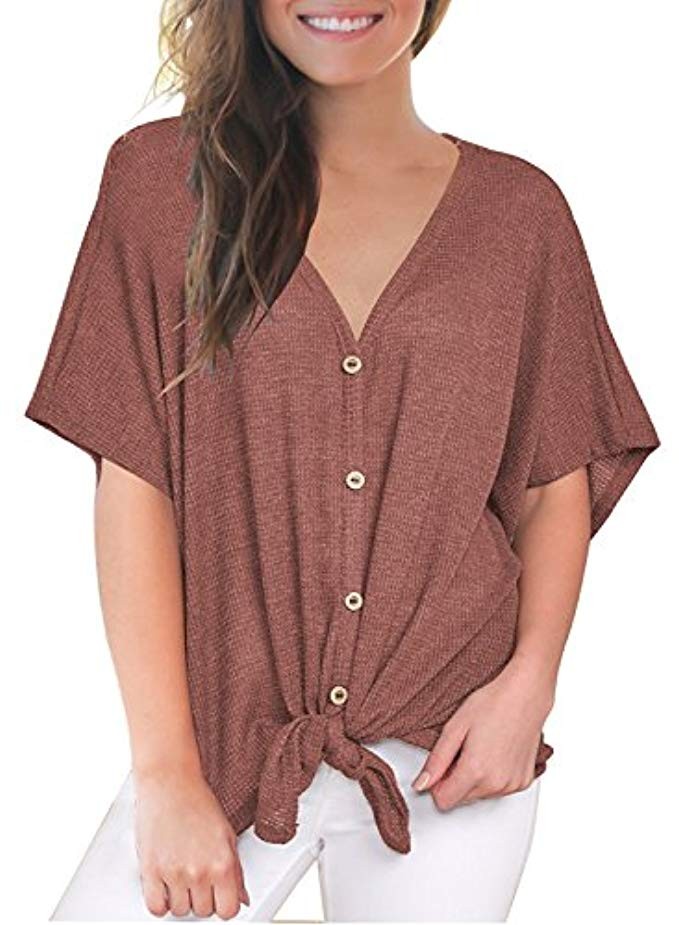 MIHOLL Womens Loose Blouse Short Sleeve V Neck Button Down T Shirts Tie Front Knot Casual Tops | Amazon (US)
