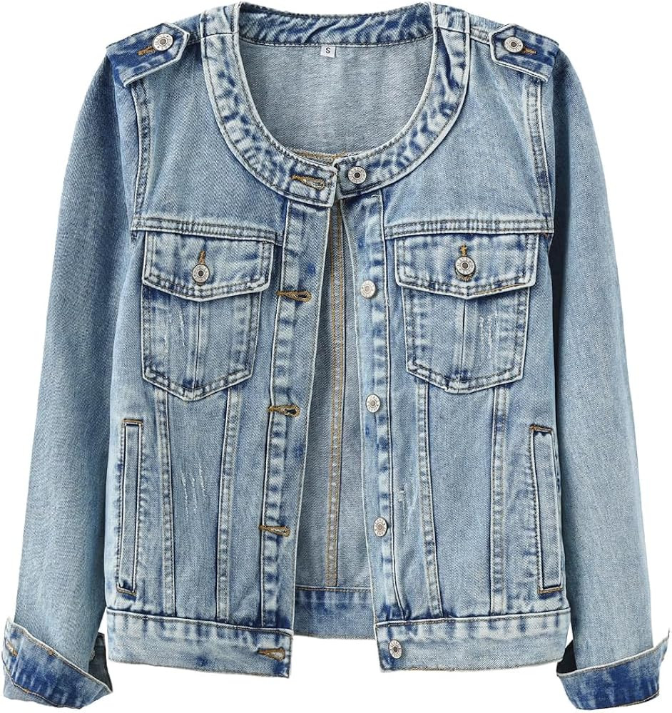 Kedera Women's Denim Jacket Button Down Collarless Long Sleeve Washed Cute Jean Jackets | Amazon (US)