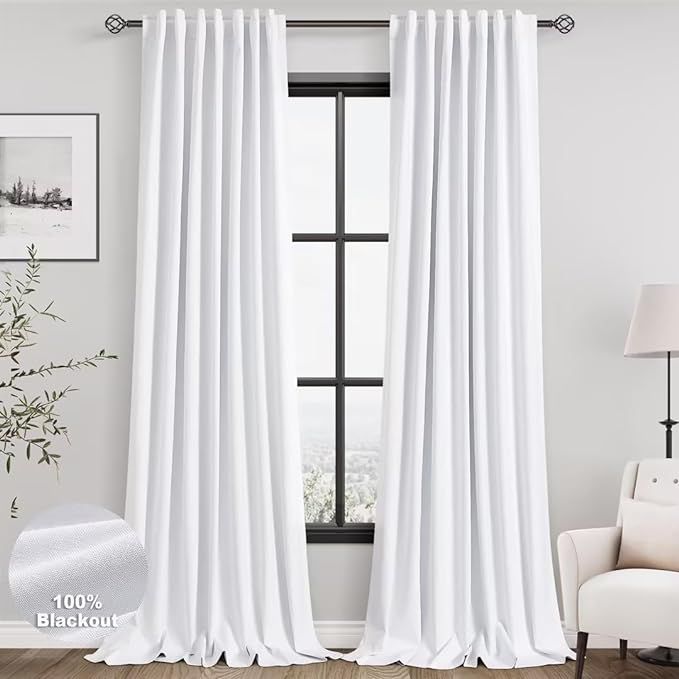 Blackout White Linen Curtains 96 Inches Long Back Tab Heat Reflective Full Light Block Out Curtai... | Amazon (US)