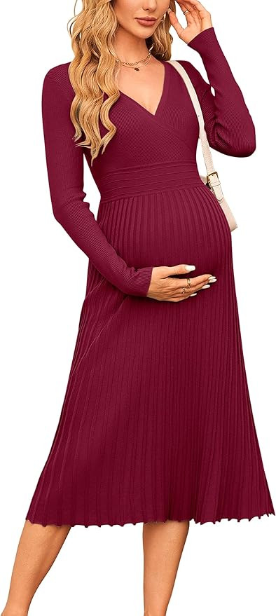 OUGES Womens 2024 Fall Maternity Dress Long Sleeve Wrap V Neck Pleated Midi Dress Casual Sweater ... | Amazon (US)