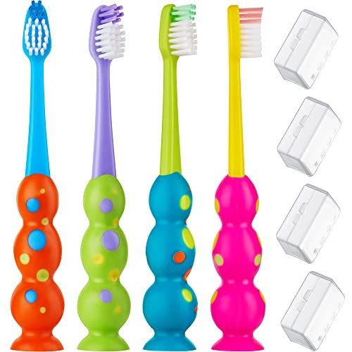 Kids Toothbrush 4 Pack - Soft Bristles with Suction Cup - Toothbrush Kids, Child Sized Brush Heads, 3-10 Year Old Kid Toothbrush with Easy Storage - Toddler, Girl and Boy Set (4-Pack, Multi-Color) | Amazon (US)