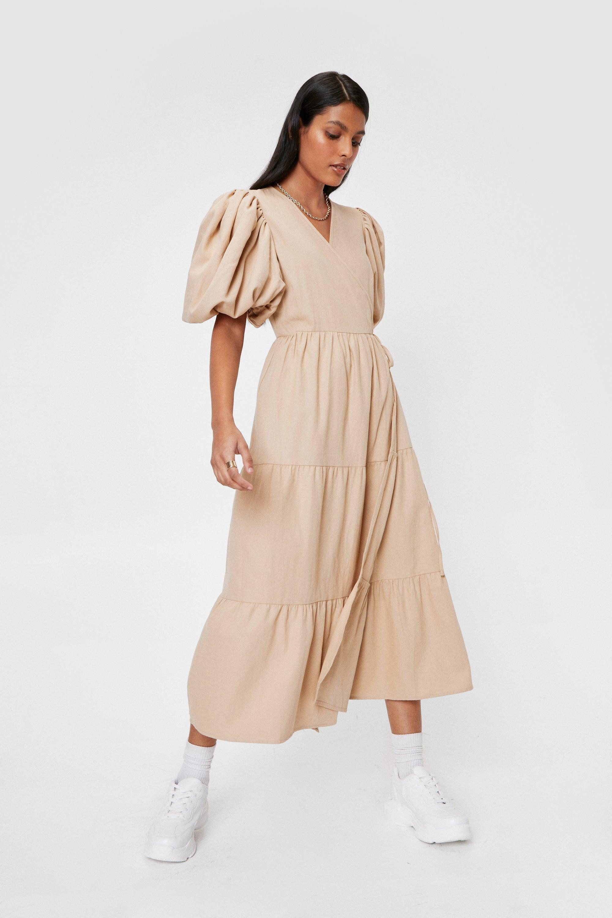 Linen Look Puff Sleeve Wrap Midi Dress | NastyGal (US & CA)