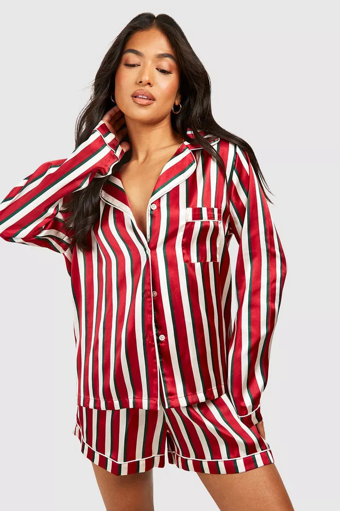 Petite Long Sleeve Satin Stripe Pajama Short Set | Boohoo.com (UK & IE)