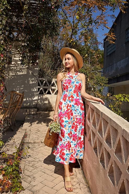 GRACE KARIN Women's Criss Cross Halter Neck Sleeveless Summer Floral Print Flowy A Line Maxi Dres... | Amazon (CA)
