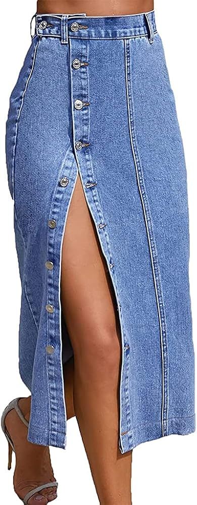 Women's Button Front Split Denim Midi Skirt High Waist Slim Fit Pencil Skirt | Amazon (US)