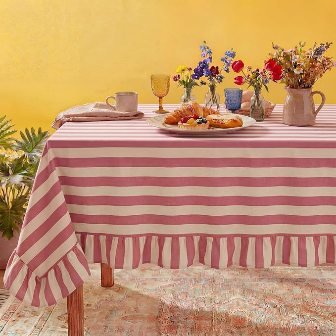 Tudomro 1 Pcs Ruffle Edge Striped Tablecloth, 84'' x 60'' Scalloped Table Cover, Farmhouse Linen ... | Amazon (US)