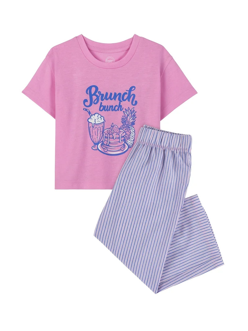 Wonder Nation Girls Short Sleeve Top and Woven Sleep Pant Pajama Set, 2-Piece, Sizes 4-18 | Walmart (US)