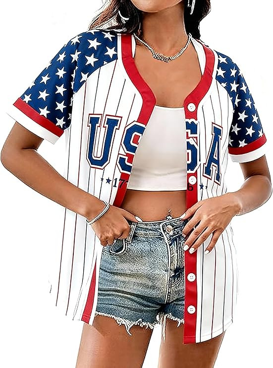 Women's American Flag Button Down Jersey Shirt Patriotic USA Short Sleeve Shirts 4th of July Base... | Amazon (US)