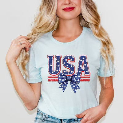 Simply Sage Market Coquette USA Bow Short Sleeve Tee - L - Ice Blue | Target