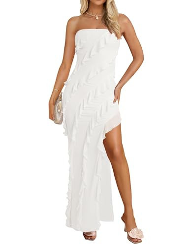 ZESICA Women's 2025 Strapless Bodycon Dress Sexy Off Shoulder Mesh Tassel Ruffle Side Split Tube Party Maxi Dresses,White,Medium | Amazon (US)