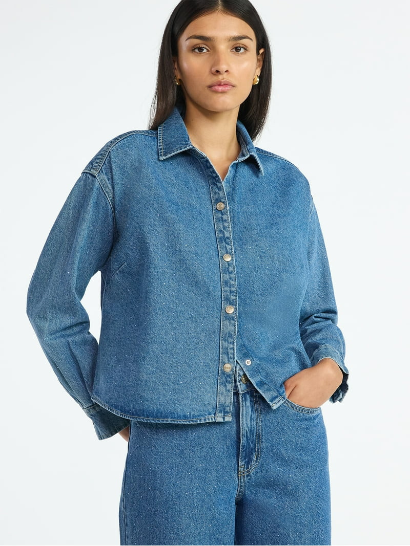 Scoop Women’s Rhinestone Embellished Cotton Denim Shirt with Long Sleeves, Sizes XS-4X - Walmar... | Walmart (US)