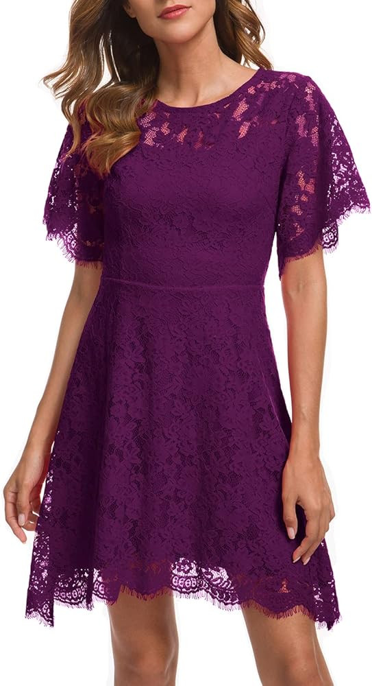 MSLG Women's Elegant Round Neck Short Sleeves Wedding Guest Floral Lace Cocktail Party Dress 943 | Amazon (US)