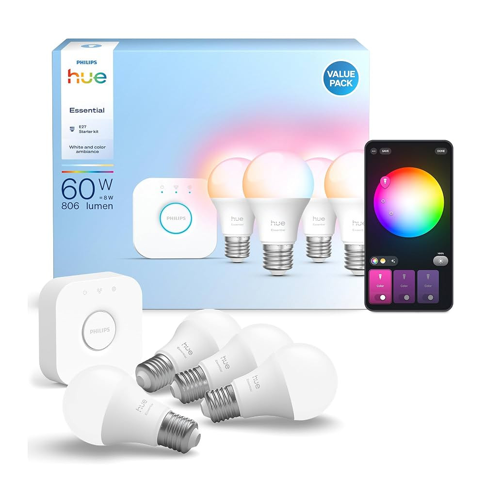 Philips Hue Essential Starter-Set: Bridge + 4 Essential E27 Smart Leuchtmittel, White und Color A... | Amazon (DE)