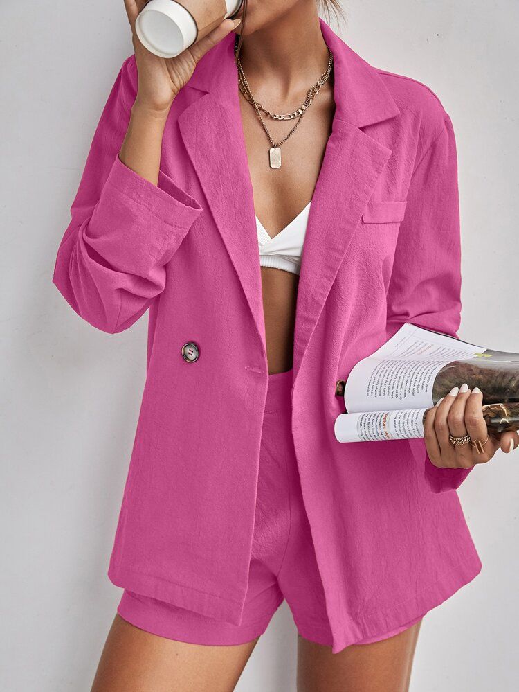 Solid Lapel Collar Button Front Blazer And Shorts Set | SHEIN