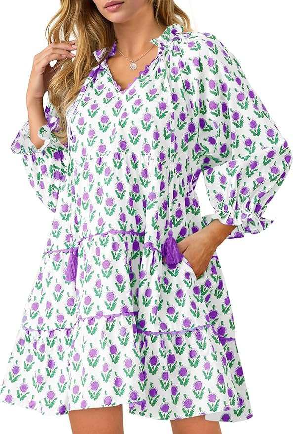 Wenrine Womens Casual Mini Dress Long Sleeve Floral Ruffle V Neck Fall Loose Boho Babydoll Dresse... | Amazon (US)