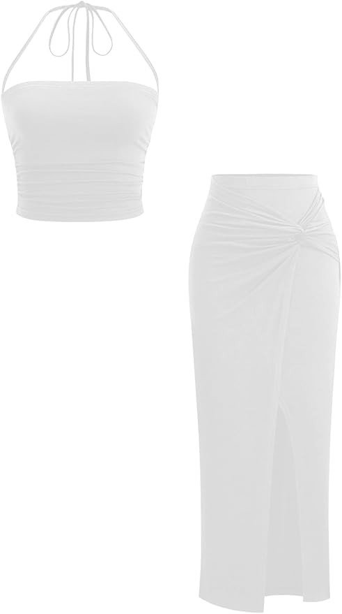 Verdusa Women's 2 Piece Vacation Outfits Ruched Crop Halter Top with Slit Bodycon Long Skirt Goin... | Amazon (US)