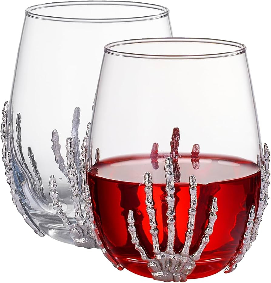 Stemless Skeleton Wine Glass | Set of 2 | 17oz Halloween Skeleton Glasses 5" H, Goth Gifts, Skele... | Amazon (US)