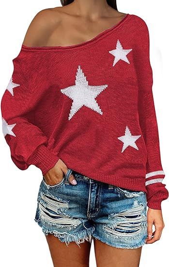 COCOLEGGINGS Women's Scoop Neck Long Sleeve Star Pullover Sweater Tunic Tops | Amazon (US)