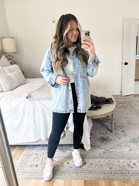 Comfy & casual outfit for pre-school errands! Love this oversized denim shacket from the men’s section! 
 SIZING INFO 👇🏼
Shacket - medium 
Leggings- medium 
Top- large 
Shoes - TTS 

#LTKmidsize #LTKstyletip #LTKfindsunder100