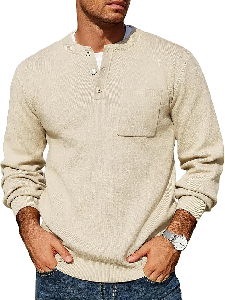 COOFANDY Men's Henley Knit Shirt Long Sleeve Soft Pullover Sweater with Chest Pocket | Amazon (US)