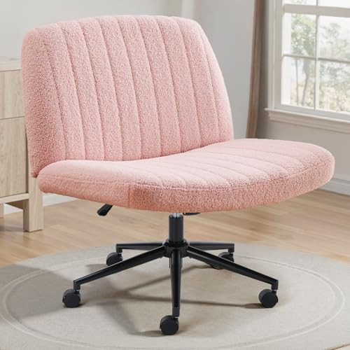 OLIXIS Criss Cross Chair with Wheels Wide Cross Legged Office Desk Vanity Chair Comfy Fabric Armless Adjustable Swivel for Home Computer Task Teddy Pink | Amazon (US)
