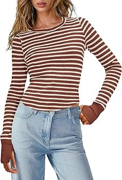 Panadila Womens Striped Long Sleeve Shirts Crewneck Waffle Knit Tops Casual Fitted T Shirts Fall ... | Amazon (US)