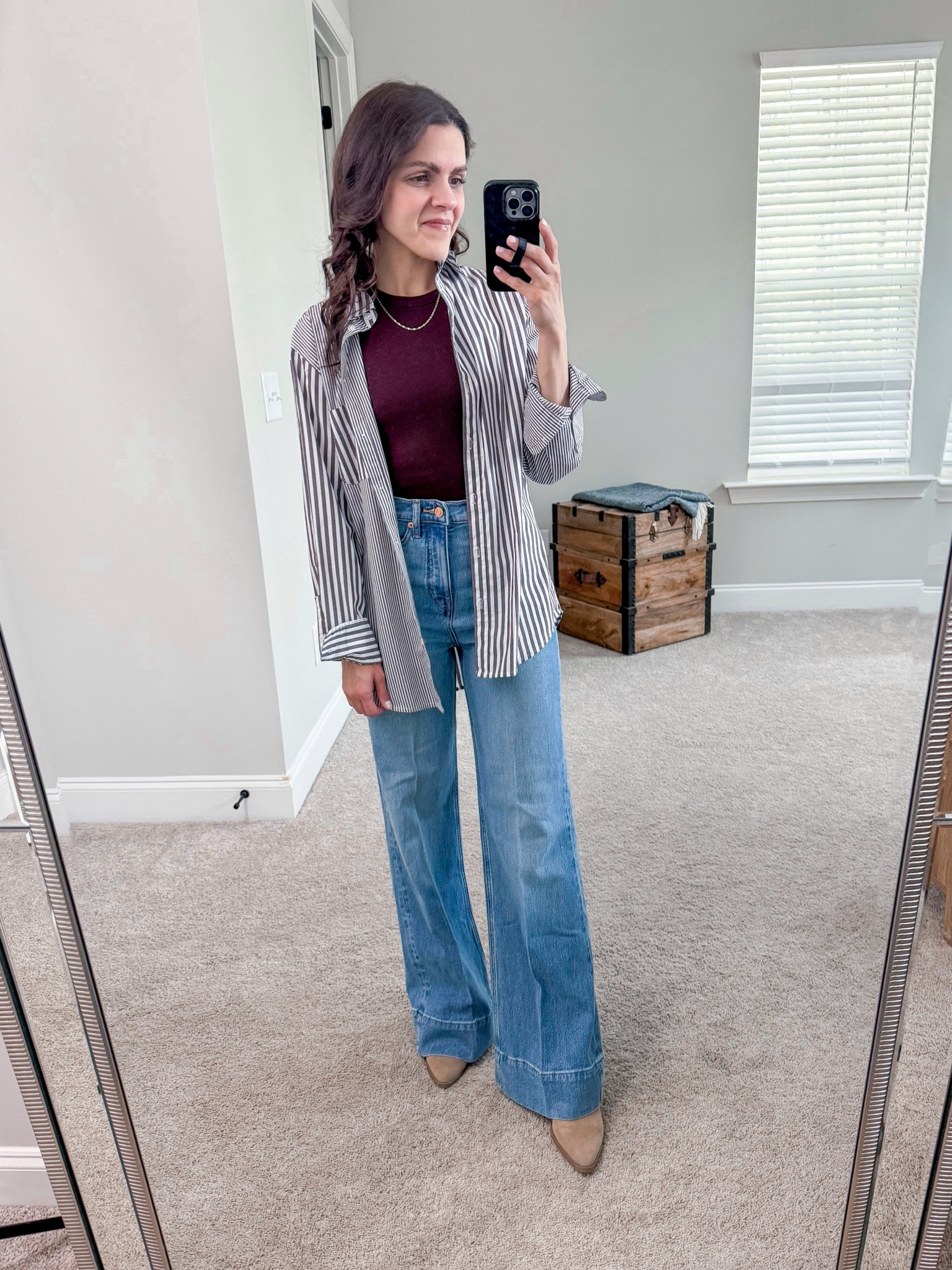 Daily Look | high neck tank, striped button up, trouser jeans, heeled mules 

#LTKstyletip