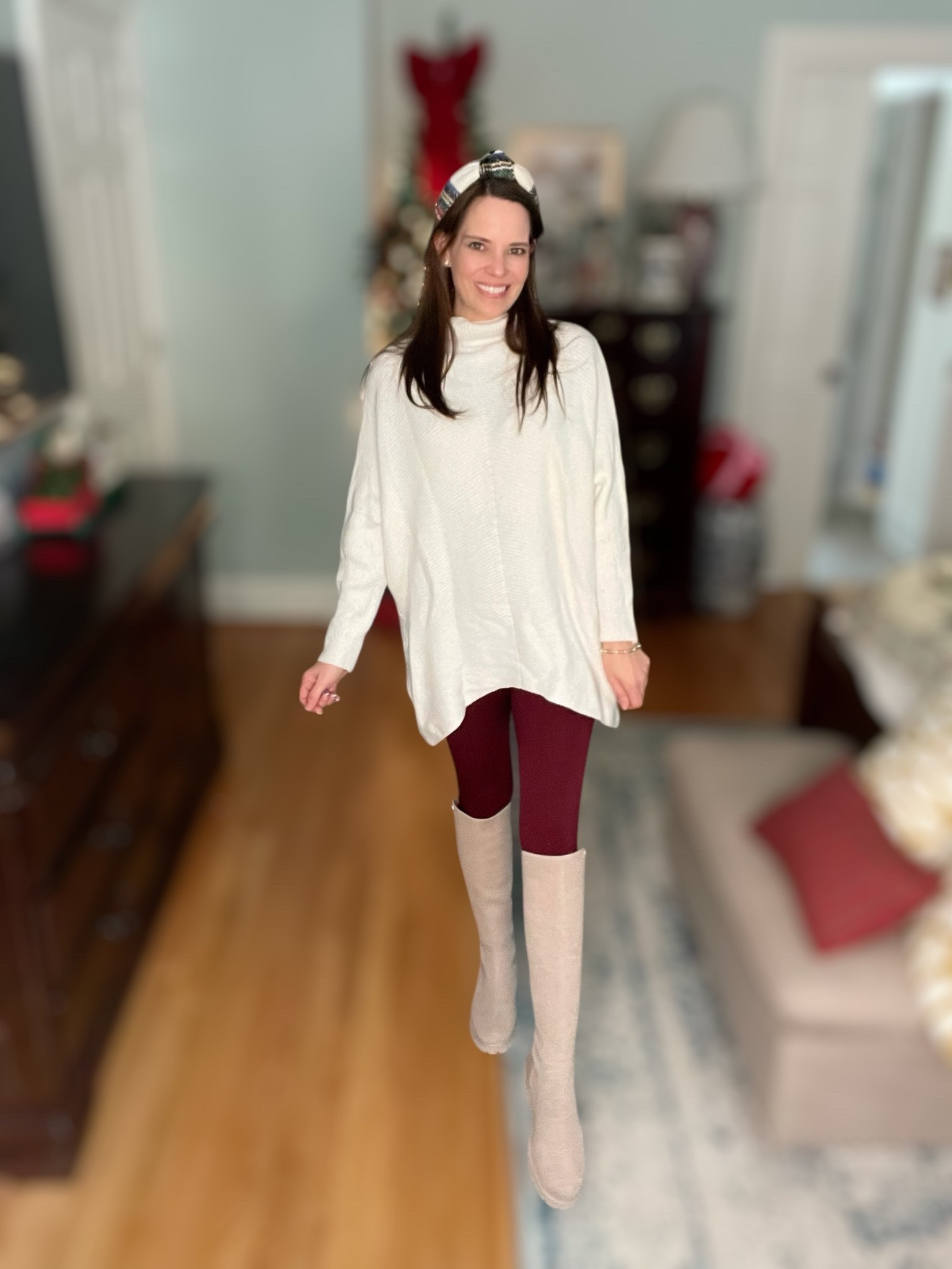 Casual Thanksgiving Look 🍂🤍

Cozy, comfy, and still so cute for Thanksgiving! This oversized ivory turtleneck has that perfect slouchy, effortless vibe, and I paired it with rich burgundy leggings for a pop of fall color. The tall knit boots pull everything together with a soft, neutral tone, and the tartan headband adds a festive touch without going over the top 🎀 Such an easy outfit for cooking, hosting, or a relaxed family day — comfy enough for all the eating, but polished enough for photos!

cozy fall outfit • oversized sweater • burgundy leggings • tall knit boots • tartan headband • casual Thanksgiving style • comfy holiday outfit • neutral layers • soft textures • fall wardrobe staples

#LTKHoliday #LTKootd #LTKOver40