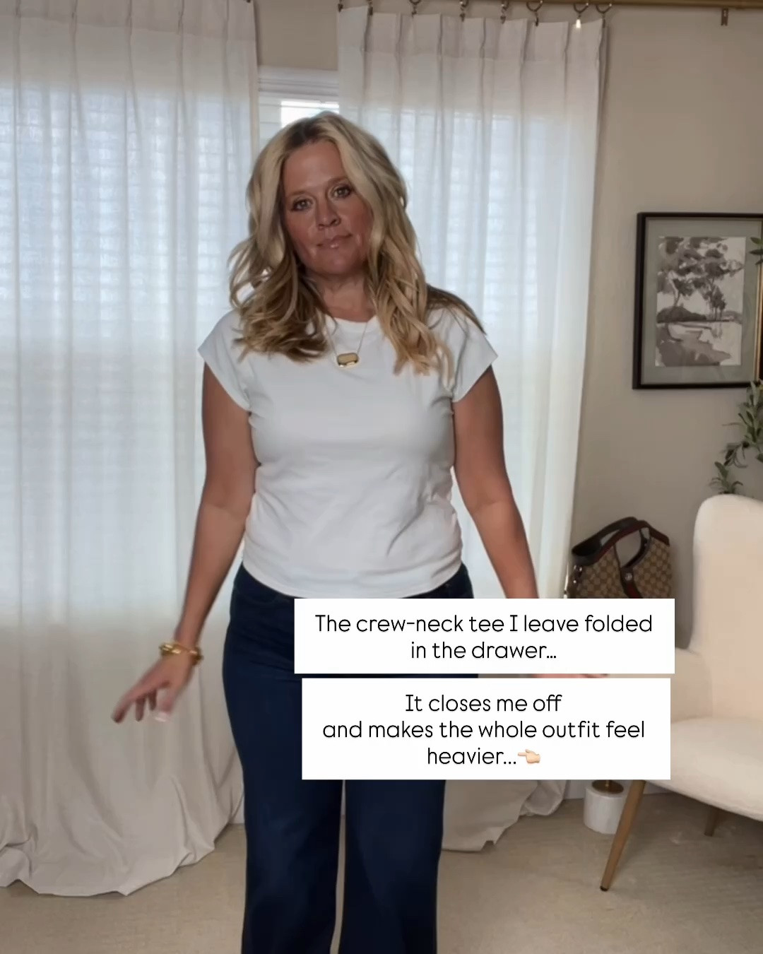✨Tap the bell, save and ❤️ start here over 40 fashion, midlife style, midsize fashion and luxury looks for less.  

The crew-neck tee I leave folded in the drawer…

It closes me off
and makes the whole outfit feel heavier.

The V-neck tee I actually reach for…

It lifts the eye,
opens the neckline,
and makes everything feel more balanced.

⬇️Sizing information:
Large (size up if in between sizes.) for relaxed fit

👑 Helping you look good, feel good.-Lindsey Denver   Check back daily for belly-friendly style, confidence, and Outfit Physics™.

#LTKOver40 #LTKMidsize #LTKSaleAlert