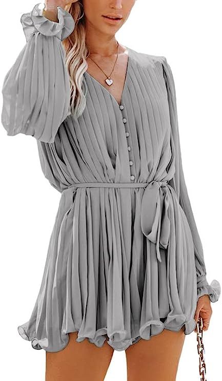 Dokotoo Womens 2023 Summer Buttons V Neck Tie Waist Flared Pleated Drape Long Sleeve Rompers Jump... | Amazon (US)