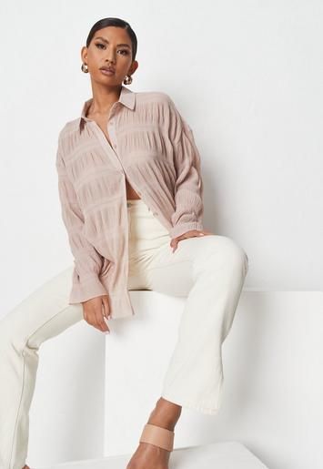 Missguided - Tall Taupe Sheer Crinkle Extreme Oversized Shirt | Missguided (US & CA)