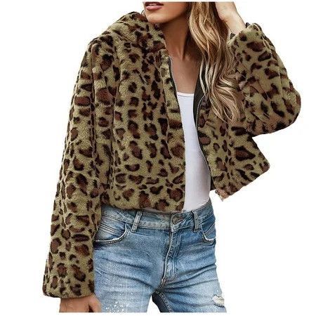 Penkiiy Women s Faux Fur Cropped Coat Jackets Autumn Winter Leopard Coats Loose Fur Coat with Pockets Faux Fur Coat Green | Walmart (US)