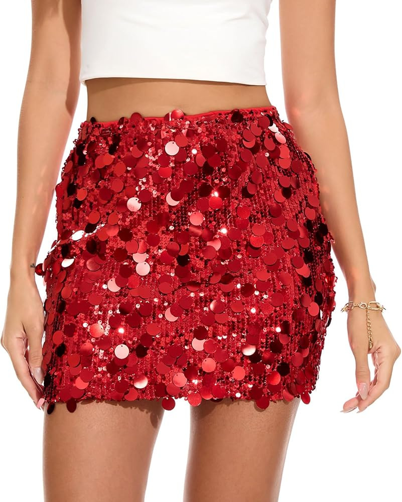 KASBAH Sequin Mini Skirt for Women Sparkly Skirt Stretchy Bodycon Glitter Skirts Christmas Night ... | Amazon (US)