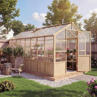 8x16 FT Large Wooden Outdoor Greenhouse Kit, Walk-in Plant Green House with Lockable Door, Ventilated Window & Polycarbonate Panels for Garden Patio | Target