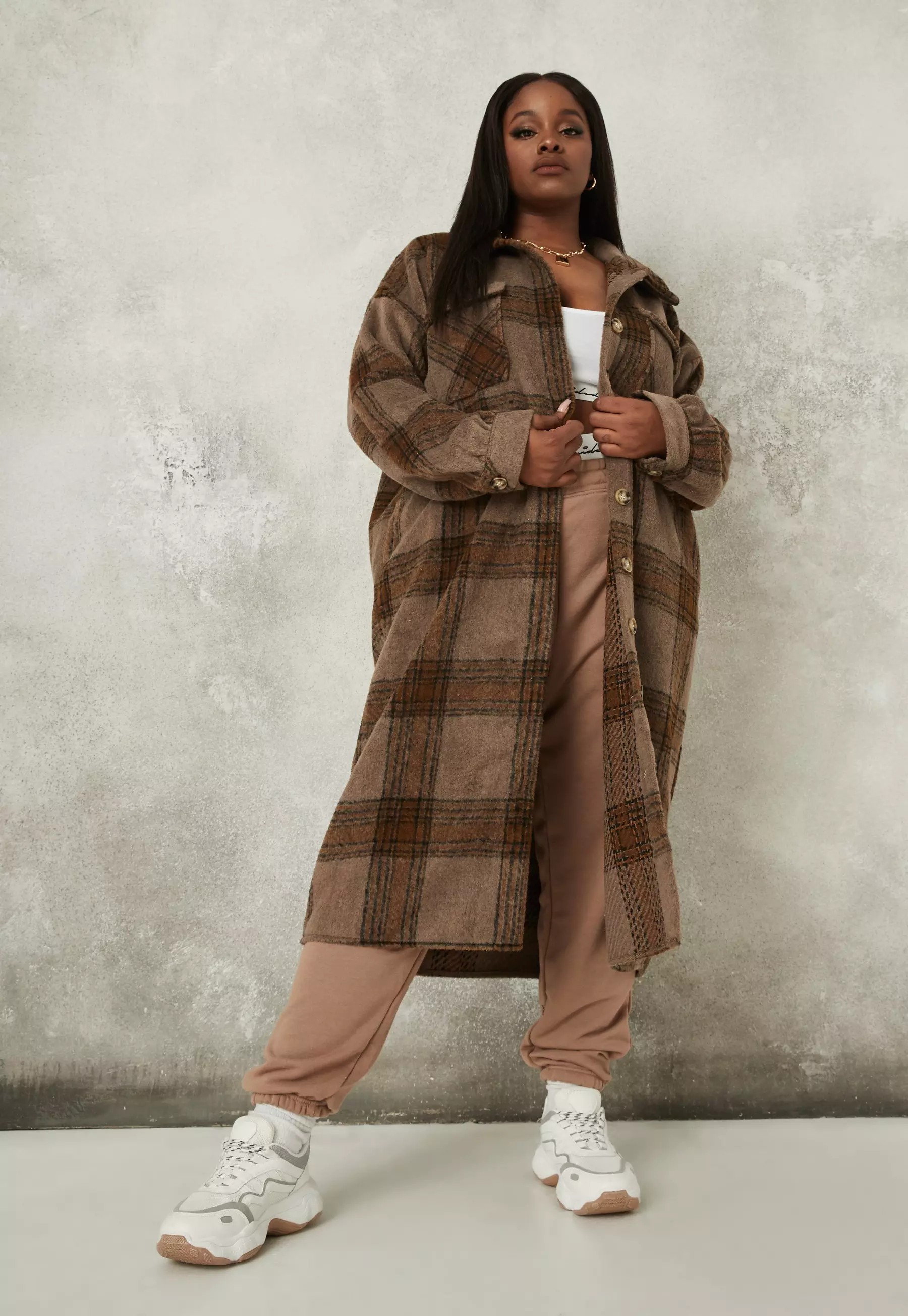 Plus Size Brown Plaid Brushed Back Spliced Shacket | Missguided (US & CA)