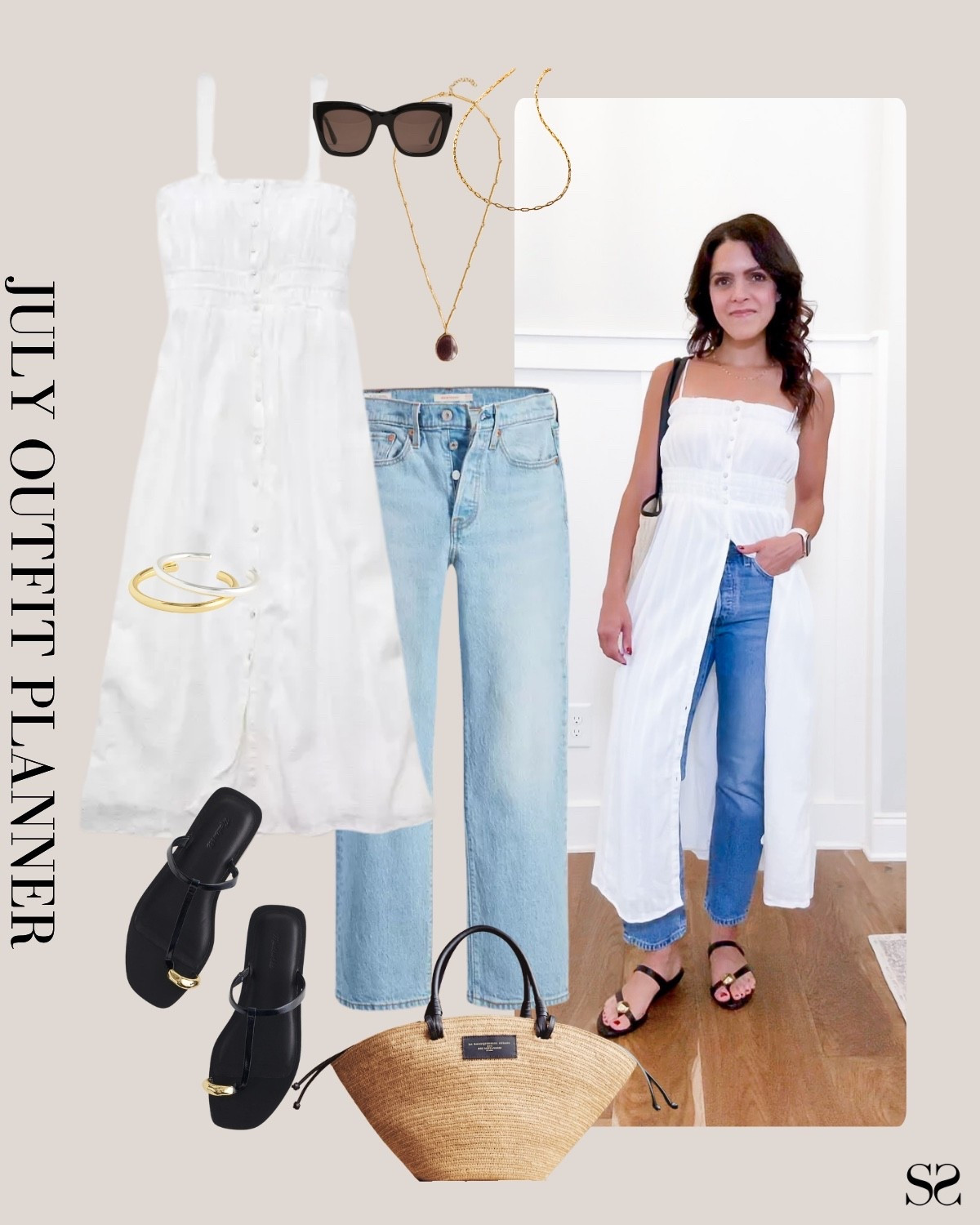 Planner to Person | Monthly outfit planner JULY: What I planned vs. how it’s worn: Summer looks, revisit & rework outfit inspo | straight jean, white button sundress, raffia tote, black sandals

#summeroutfit #casualstyle 


#LTKStyleTip
