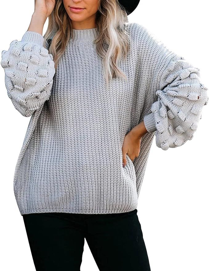 Sovoyontee Women's Cute Oversized Crewneck Loose Puff Sleeves Chunky Knit Pullover Sweater | Amazon (US)