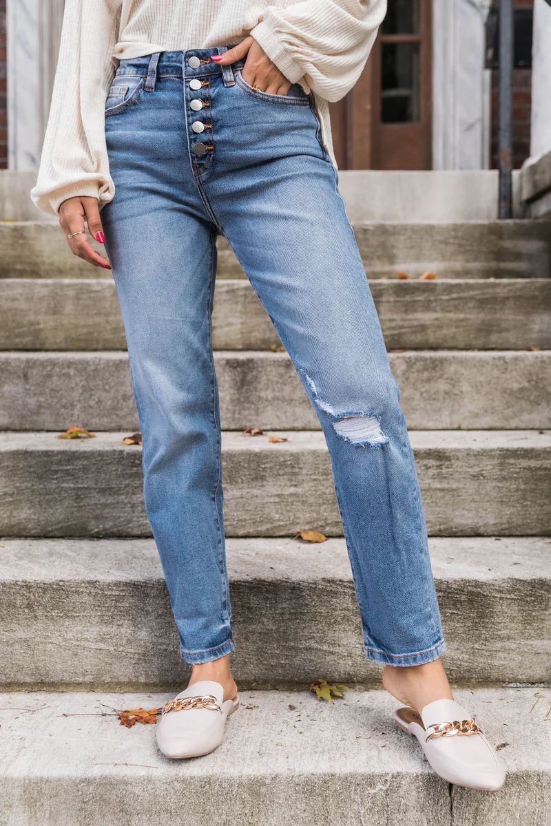 Quinn Distressed Button Front Medium Wash Crop Jeans | The Pink Lily Boutique